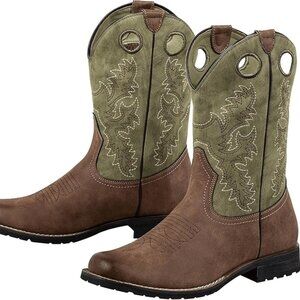 NEW Western Mens Cowboy Boots Round Toe Work Boot Slip On Pu Leather Embroidered